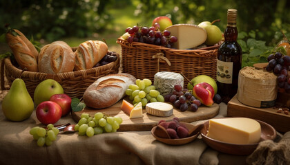 Obraz na płótnie Canvas Fresh picnic meal fruit basket, bread, wine generated by AI