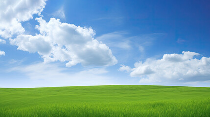 Fototapeta na wymiar Green meadow with blue sky and clouds beautiful natural landscape background