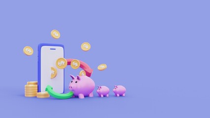 3d rendering piggy bank and digital investment finance concept illustration with blue background