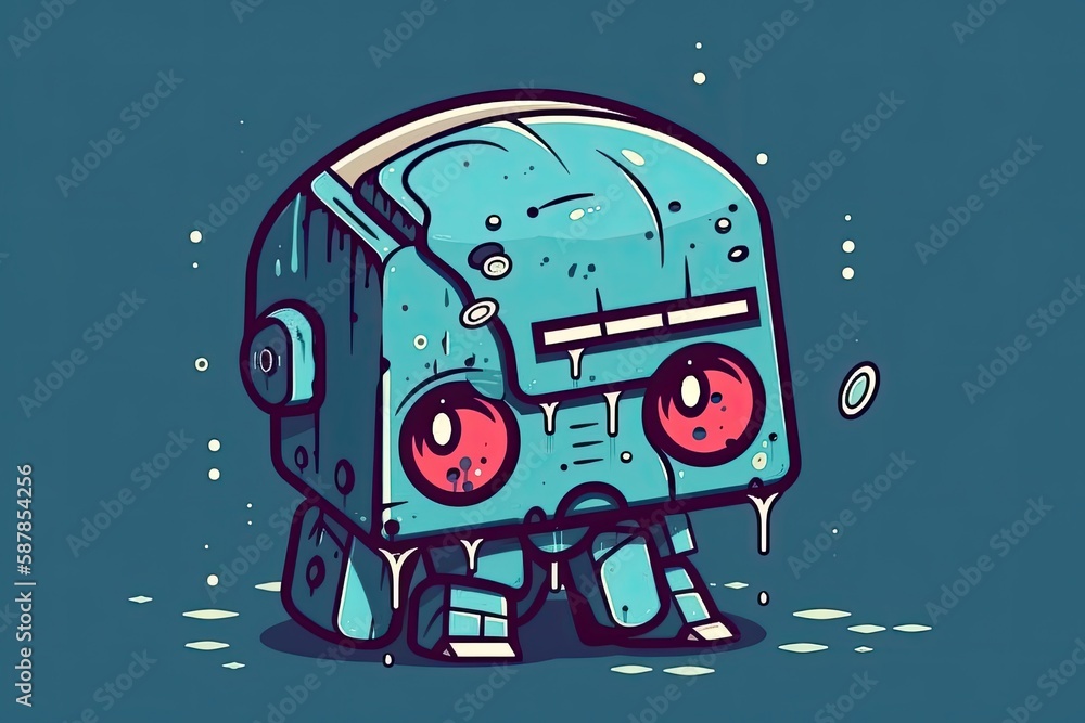 Poster blue robot with red eyes in a sitting position. generative ai
