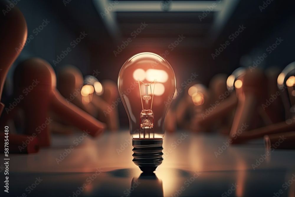 Poster glowing light bulb on a wooden table in a minimalistic setting. generative ai