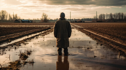 Farmer looking out over flooded field, stress and poor mental health caused by tough environmental conditions.