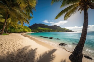Fototapeta na wymiar Tropical Dream: A Serene Beach with White Sand, Turquoise Waters, and Towering Palm Trees in Hawaii 3