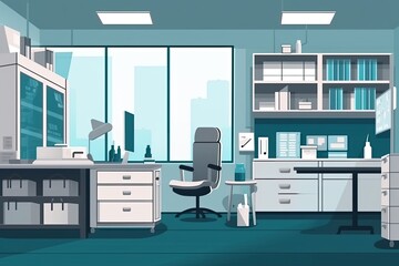 Illustration of an office workspace with a desk and chair. Generative AI