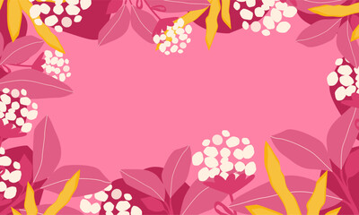 Tropical leafs and flower pink background with organic shapes. Border florals and leafs background illustration vector. Good for banner, template, cards and presentation.