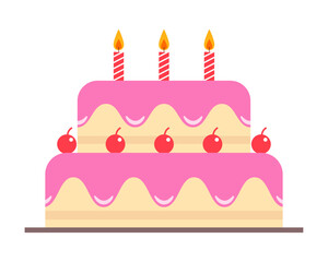 Birthday cake with candles cartoon style, Bakery drawings on white background.