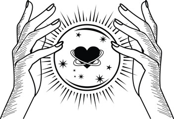 The fortune-teller's hand is predicting love with mystical crystal ball  in line art magic