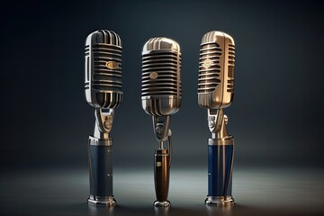 Illustration of three microphones arranged side by side on a table or stand. Generative AI