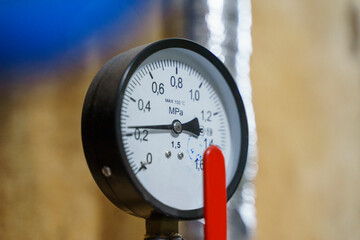 Pressure manometer for measuring installed in water or gas systems. focus on the pressure...