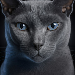 Studio shot with cute russian blue cat portrait with the curiosity and innocent look as concept of modern happy domestic pet in ravishing hyper realistic detail by Generative AI.