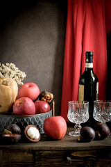 still life fruit and drinks on the table