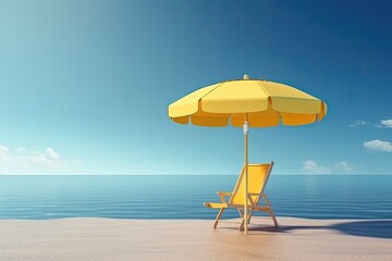 Illustration of two chairs and a yellow umbrella on a sandy beach with ocean waves in the background. Generative AI