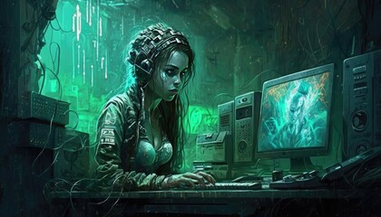A hacker cyberpunk styled Young Woman at a secret Station with wires all around 