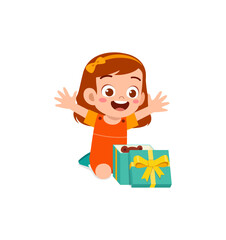 little kid opening gift box and feel happy