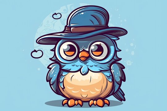 Illustration of an owl wearing a hat on its head standing on a tree branch. Generative AI