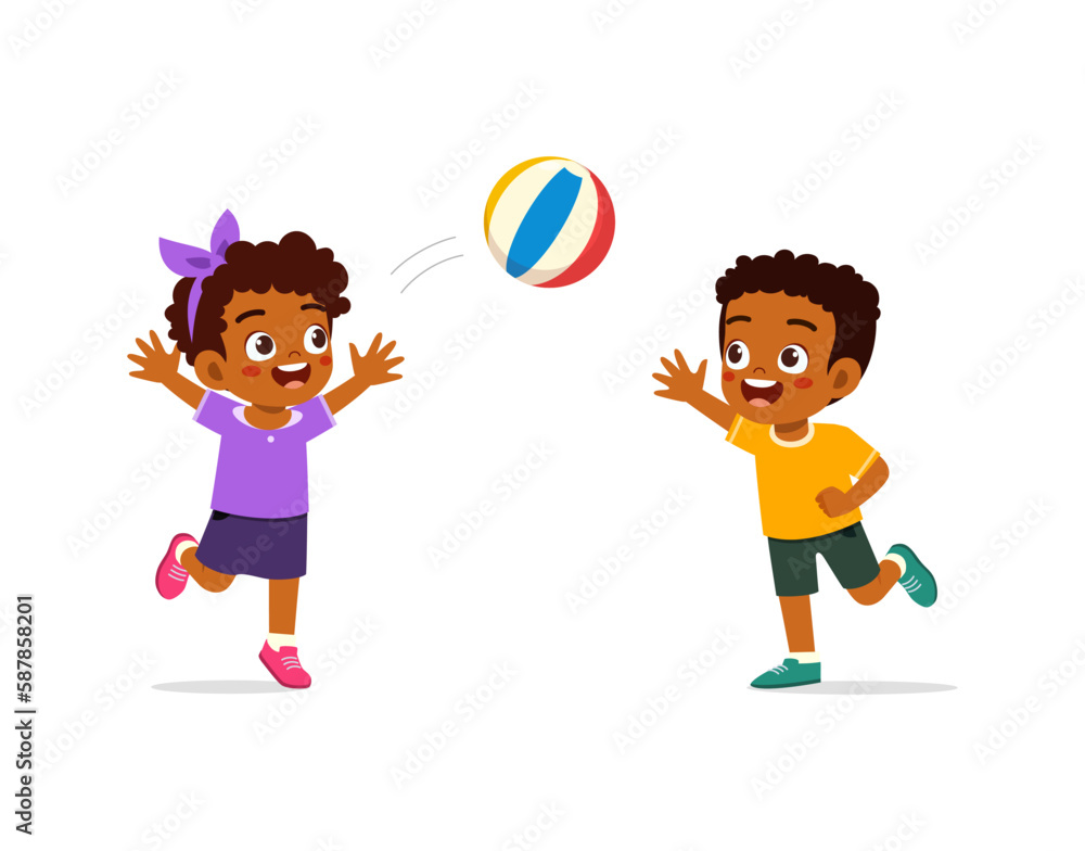 Wall mural little kid playing volley ball with friend and feel happy