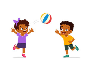 little kid playing volley ball with friend and feel happy