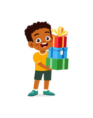 little kid holding stack of present box and walking