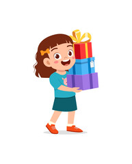 little kid holding stack of present box and walking