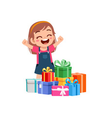 little kid receive many gift box and feel happy
