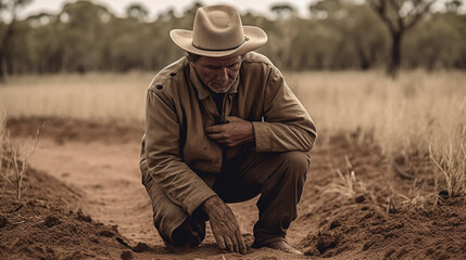 Farmer suffering from depression dealing with stress and anxiety caused by financial, economic and environmental pressures of farming. Man crouching down in dry field with defeated stance.