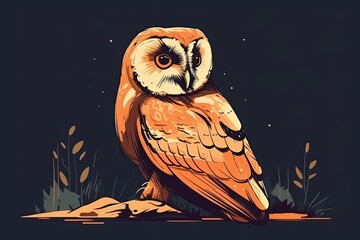 Illustration of an owl perched on a rock in a grassy field. Generative AI