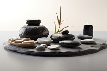 rustic table centerpiece with stones and a lit candle. Generative AI