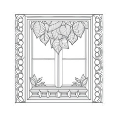 The pages of the vintage coloring book showcase a stunning open window with lovely flowers and leafs.