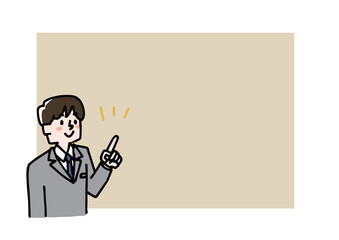 笑顔で指差しをするスーツの男性のフレーム