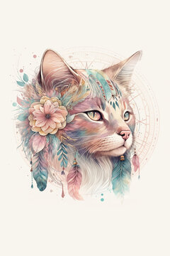 Cat head illustration using pastel colors boho style background watercolor painting Mix elements such as feathers, dried flowers, twigs, Generative ai