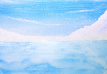 watercolor painting hand drawn landscape blue sea and sky with birds and cloud.