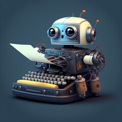 Cute typewriter robot typing on paper with seamless background. Technology concept art created with Generative AI Technology.