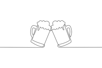 Continuous line drawing of Cheers Beer glasses isolate on transparent background.