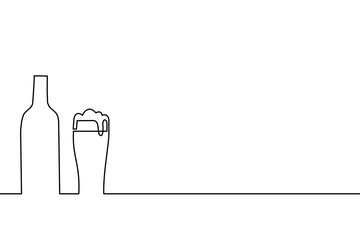 Continuous line drawing of Bottle and glasses of beer on transparent background.