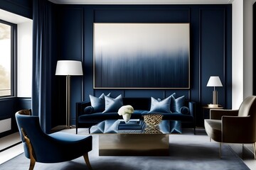 Graphic representation of Dark Room with Blue Navy Armchairs: Modern Luxury Interior Design. Generative AI. 