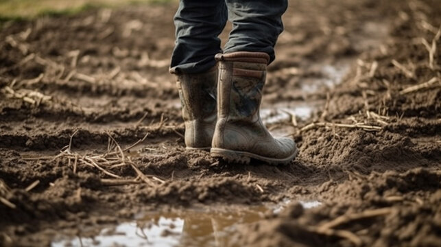 Close up of rubber boots in muddy field. Farmer inspects property after heavy rain and flooding.