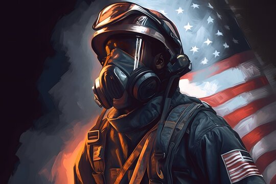 Honoring first responders on Patriot's Day with a digital painting of a firefighter in full gear. Generative AI