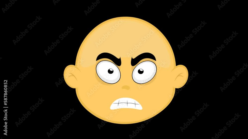 Poster emoticon animation of a yellow cartoon character face getting angry, on a transparent background wit