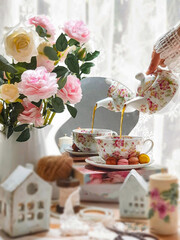 Herbal tea with roses on white wooden table
