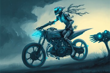 Obraz na płótnie Canvas A cyborg riding a technologically advanced motorcycle through a futuristic cityscape. Fantasy concept , Illustration painting. Generative AI