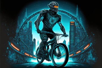 A cyborg riding a technologically advanced motorcycle through a futuristic cityscape. Fantasy concept , Illustration painting. Generative AI
