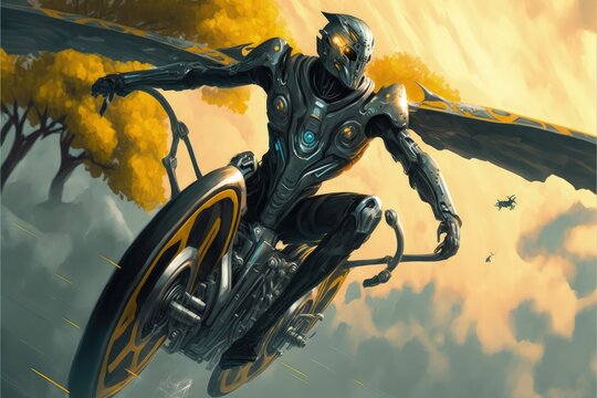 A biomechanical being speeding on a cutting-edge motorbike through a high-tech metropolis. Fantasy concept , Illustration painting. Generative AI