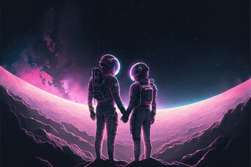 Naklejka premium Two space explorers clasping hands with the Milky Way as their backdrop. Fantasy concept , Illustration painting. Generative AI