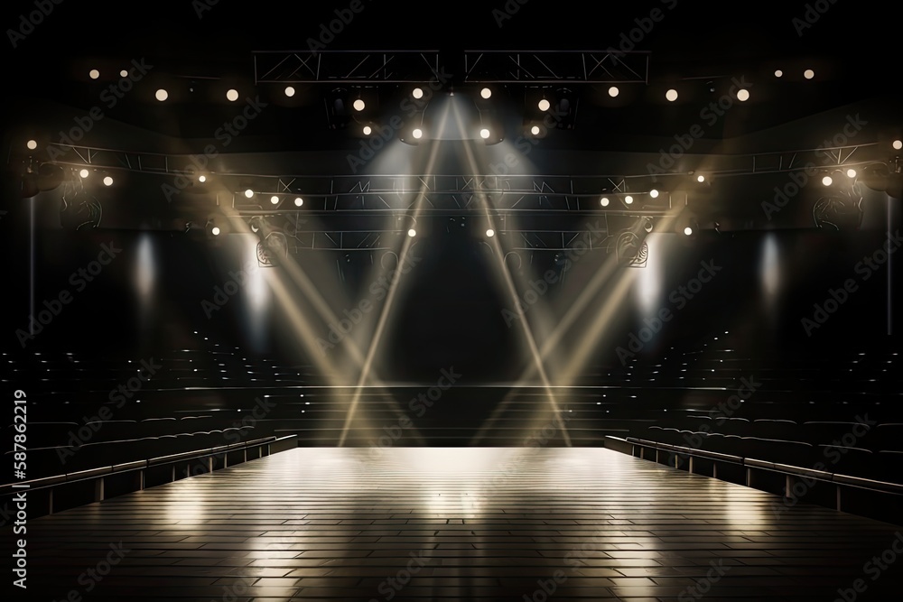 Poster illustration of an empty stage with spotlights shining on it, ready for a performance. generative ai