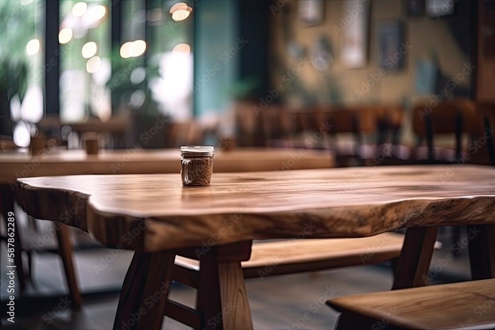 Poster wooden table with a jar of peanut butter and sliced bread beside it. generative ai