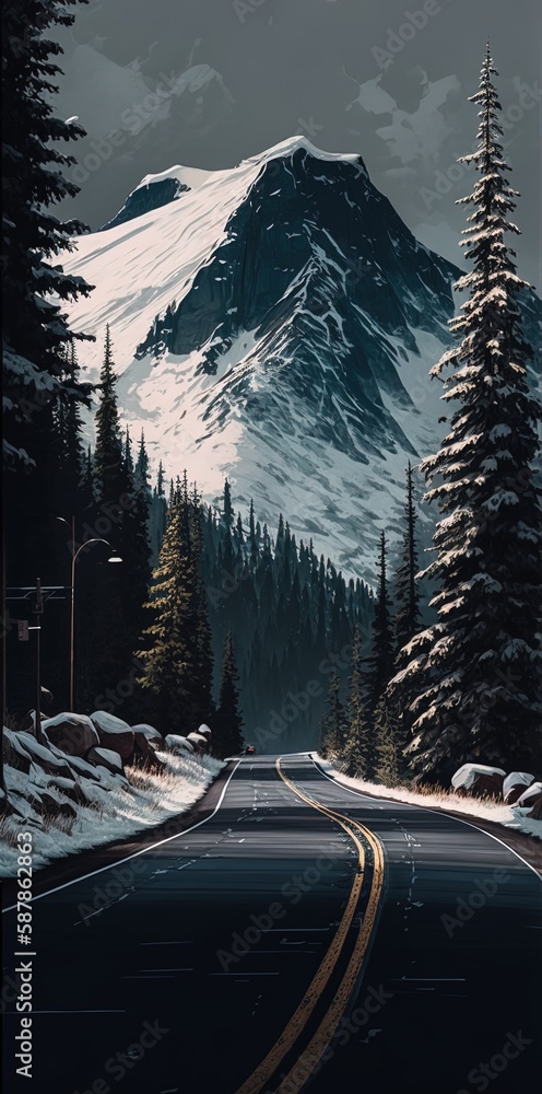 Poster a snow-capped peak is in the background of this close-up of the road and fir trees that line it. gen