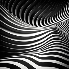 Geometric horizontal black and white waves in minimalistic style. Abstract art created with Generative AI Technology.