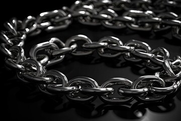 close-up of a silver chain on a black surface with shallow depth of field. Generative AI