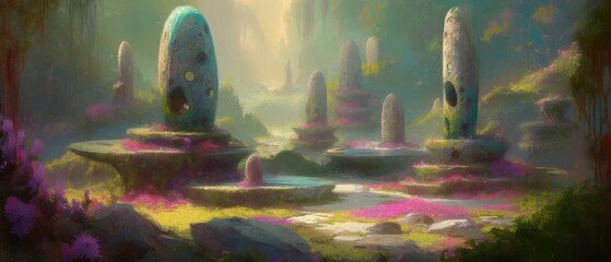 Sacred forest glade with ancient rune stone and altar offering stones, beautiful summer morning with misty haze and vibrant purple flowers, hidden and secluded, long forgotten in time - generative AI