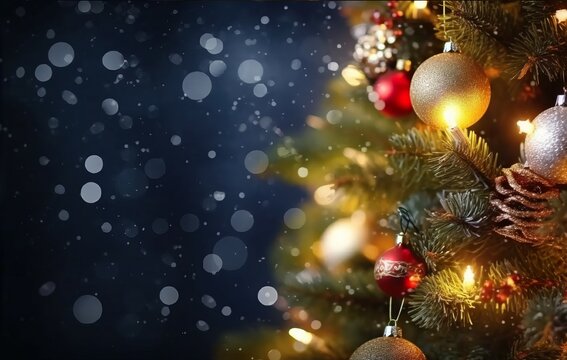 Close-up of a beautifully decorated Christmas tree with bokeh light. AI-generated images